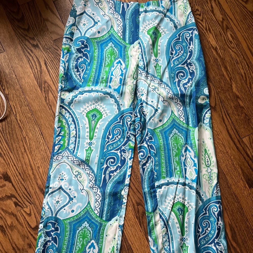 NWT J.McLaughlin Silk Blend Paisley Print Capri Pants Blue Green Resort Size 12